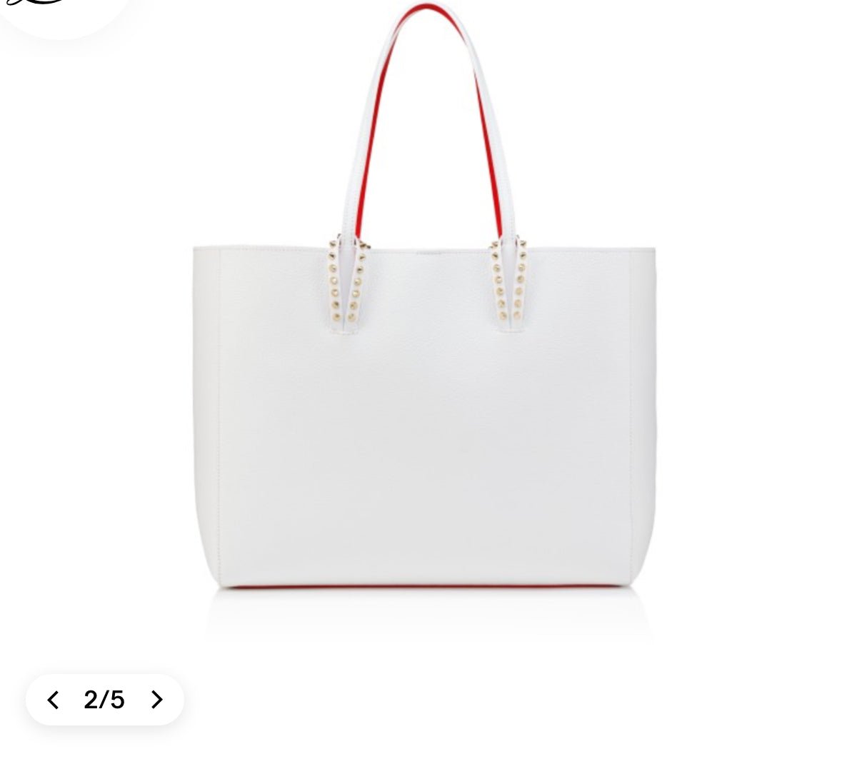 White tote bag with red handles and gold studs