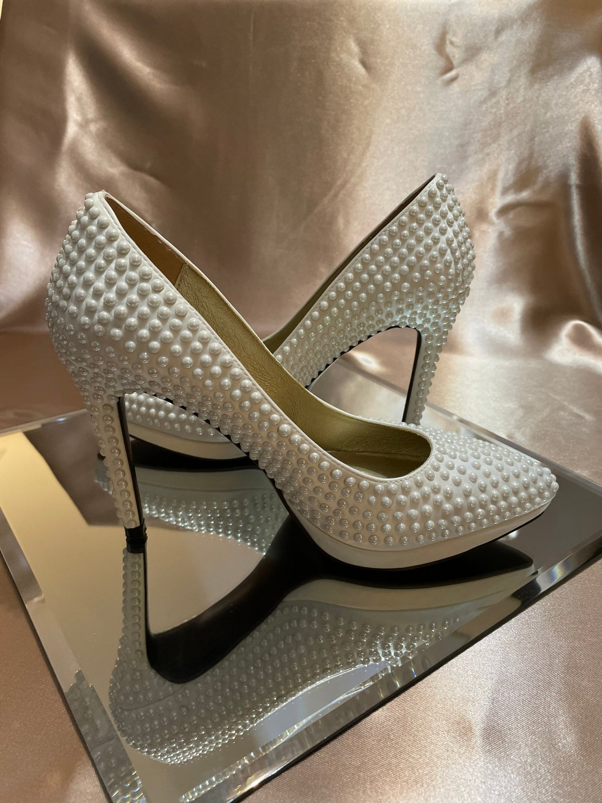 Pearl-studded satin platform pumps with pointed toe and tapered block heel