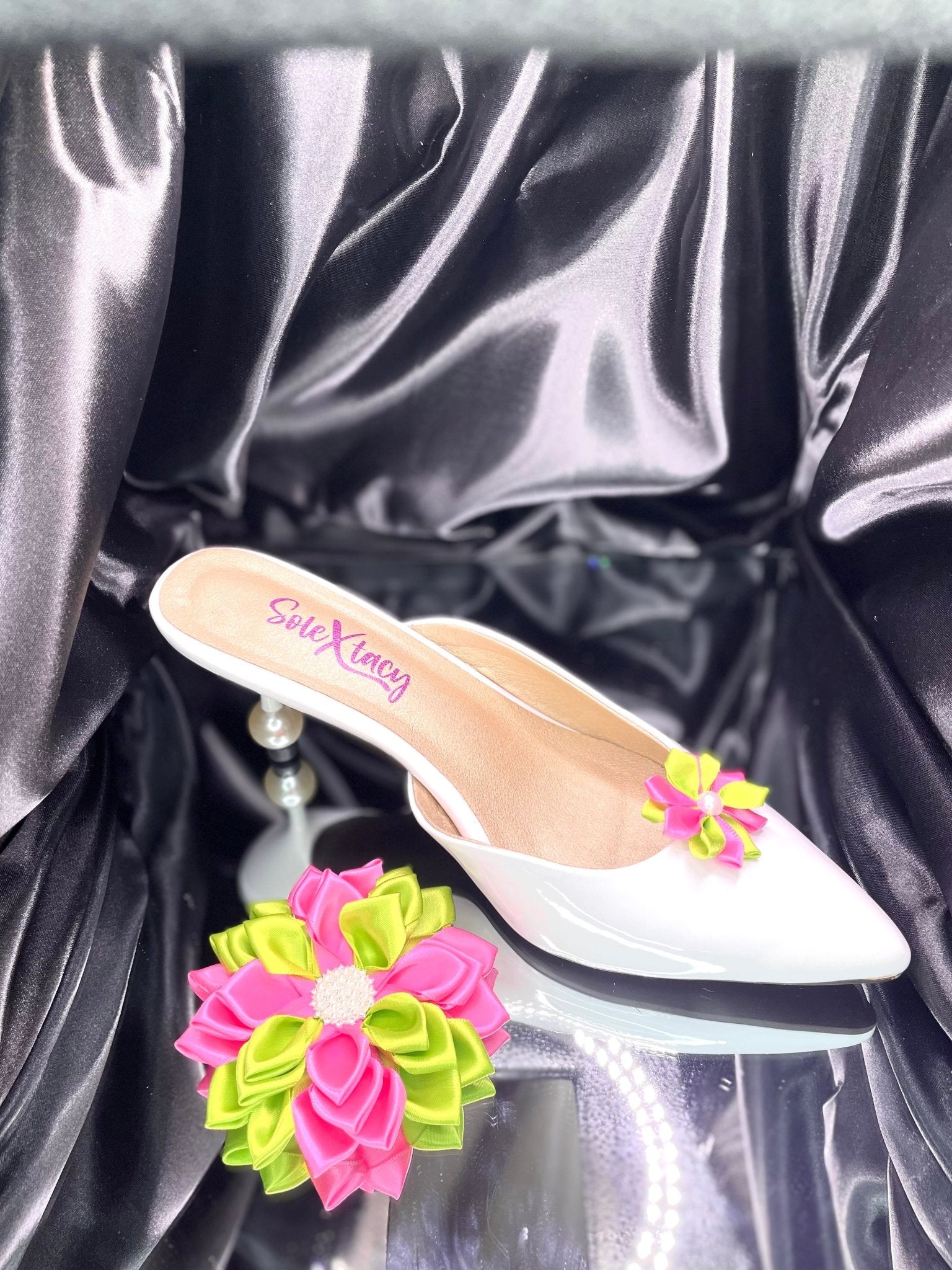 White flat shoe with bright pink and lime green ribbon kanzashi flower clips