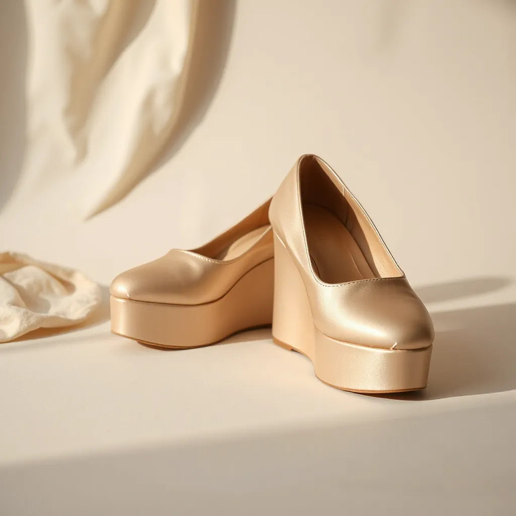 Satin platform shoes with a glossy sheen and thick sole on a clean studio background