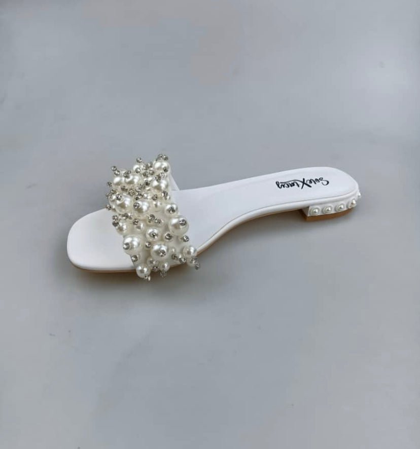 Side view of white fluffy heel sandal with pearl and rhinestone accents, open toe, comfortable and chic for special occasions, SKU: SH-003