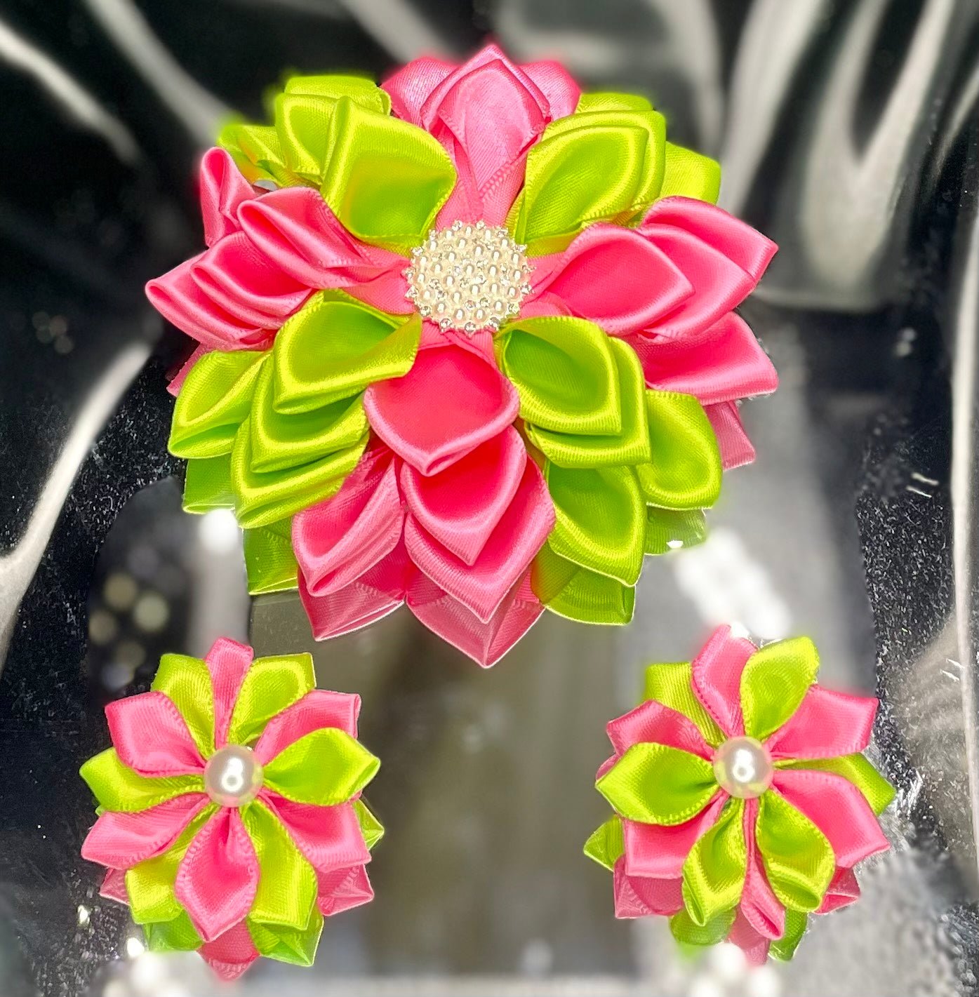 Kanzashi flower set with hot pink and lime green ribbon rosettes, pearl centers