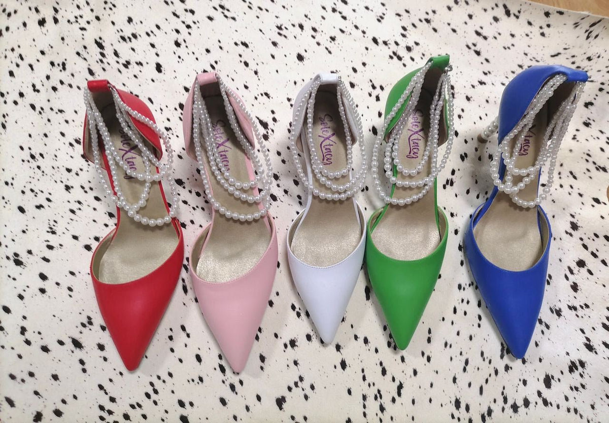 Multi-color pointed heeled pumps with white pearl-bead ankle straps